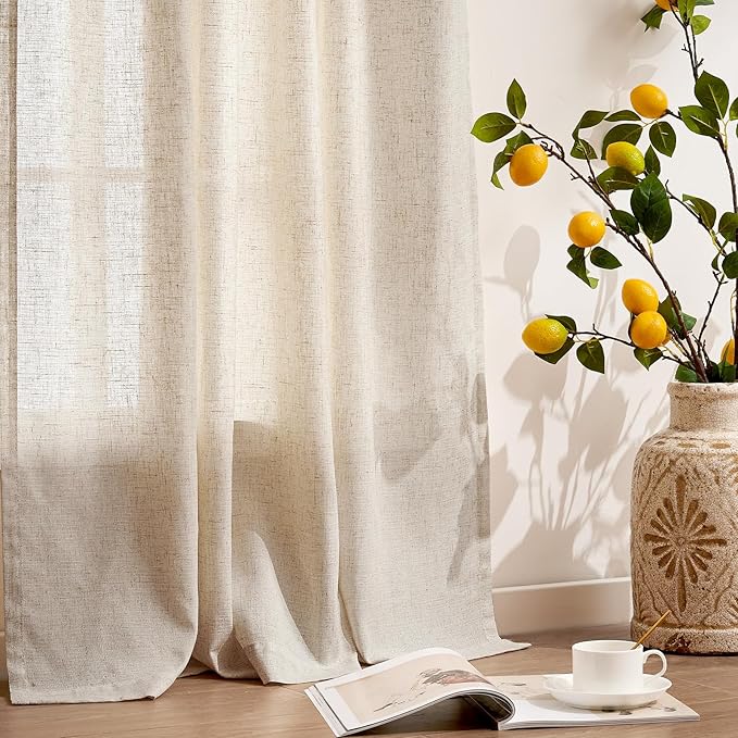 jinchan Beige Linen Blend Curtains 90 Inches Length 2 Panels for Bedroom Bathroom, Natural Farmhouse Country Cottage Core Style 38 Inches Wide Drapes with Rod Pocket Back Tab (38W x 90L, Ecru)