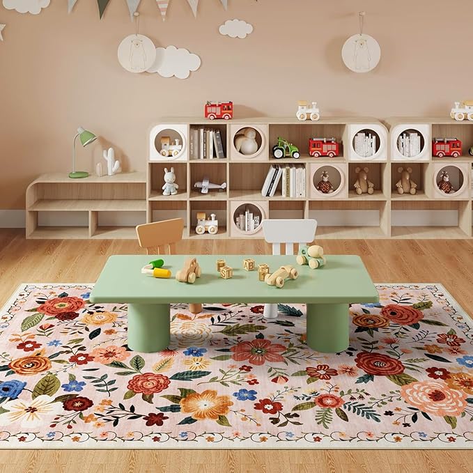 6x9 Washable Area Rug for Living Room, Floral Non-Slip Non-Shedding & Easy Care, Soft Low Pile Vintage Indoor Floor Carpet for Living Room, Bedroom, Farmhouse, Dining Room, Kids Playroom, Beige