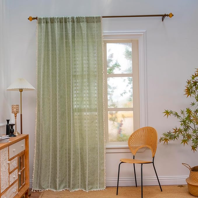 Deeprove Boho Curtain 72 inch Length for Bedroom Living Room, Bohemian Grass Sheer 72 inches Long Stripe Embroidery Privacy Window Tassel Christmas Easter Spring Decor W52 x L72, 1 Panel Sage Green