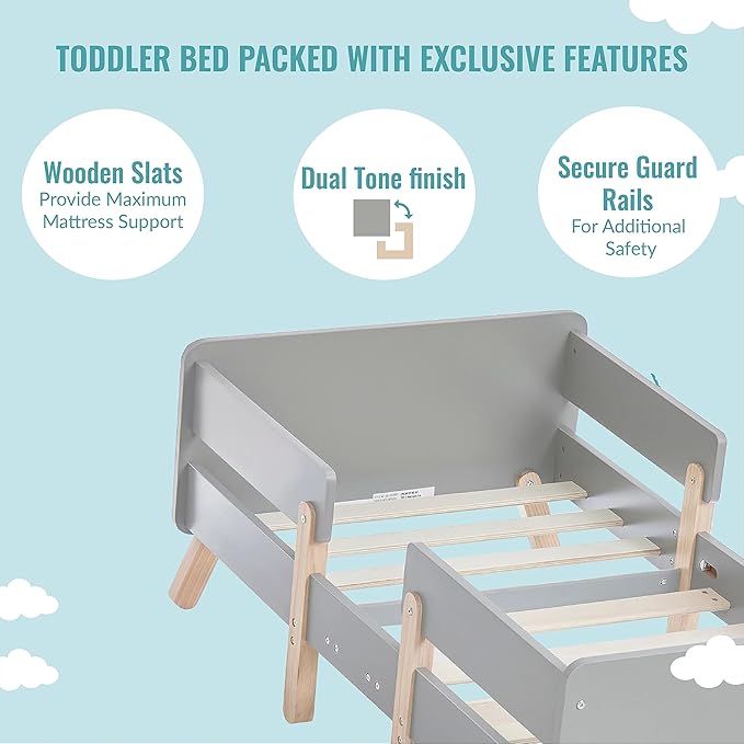 Dream On Me Osko Convertible Toddler Bed Made with Sustainable New Zealand Pinewood in Grey, JPMA & Greenguard Gold Certified, Non-Toxic Finish