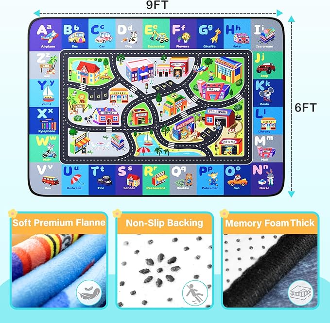 ABC Rug, Toddler Play Rug 6x9 Feet, Extra Thick (0.4in) Washable Baby Play Mat for Floor, Classroom Carpet Non-Slip for Learning, Alphabet, Nursery Mat for Crawling & Fun & Playroom Decor