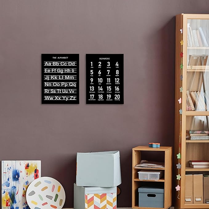 HRQKO Black Alphabet Numbers Nursery Canvas Wall Art Set of 2, Kids Room Decor Framed Art, Black ABC Numbers Educational Posters Wall Decor for Classroom Toddler Nursery Bedroom Playroom, 11x14 inch