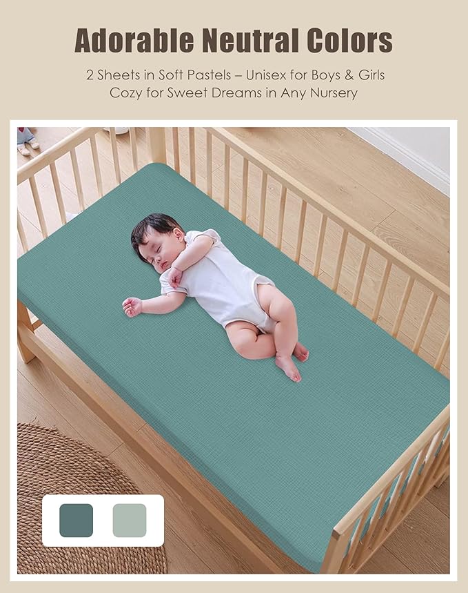 SWEET DOLPHIN 2-Pack Muslin Crib Sheets for Boys & Girls, Ultra Soft Breathable 40S Long-Staple Cotton Fitted Baby Sheets for Standard Crib Mattress 52"x28", Light Teal- Nursery Essentials
