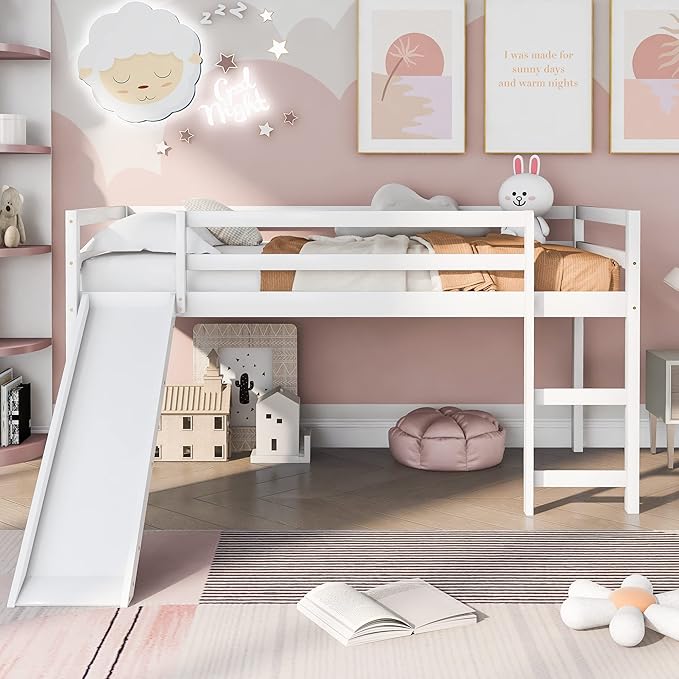 Loft Twin Bed Frame for Boys Girls Kids Toddler with Slide, Multifunctional Design, Twin (White)