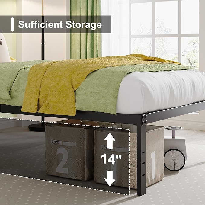 EMODA Full Size Bed Frame 16 Inch Heavy Duty Metal Platform Beds No Box Spring Needed with Sturdy Steel Slats Mattress Foundation, Easy Assembly, Noise Free, Black
