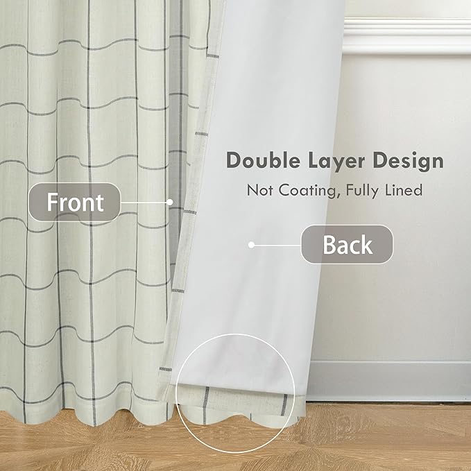 DriftAway 2 Panels 100% Blackout Windowpane Plaid Linen Curtains Double Layer Drapes for Bedroom 84 Inches Long Farmhouse Thermal Insulated 3.25 Inch Rod Pocket Back Tab for Living Room Black