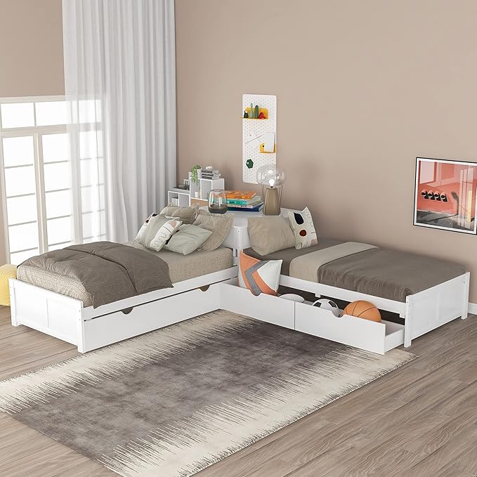 Harper & Bright Designs L-Shaped Platform Bed Frame with Trundle and Drawers Linked with Built-in Desk for Kids Boys Girls, Twin, White