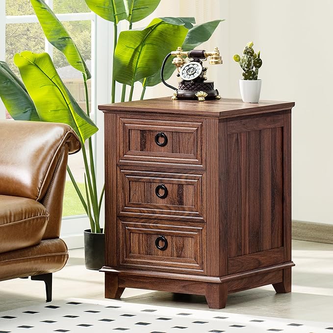 Farmhouse Night Stand Set of 2, 18" End Table with 3 Drawer Metal Handle, Dresser for Bedroom, Sofa Bed Side Table Chest of Drawers,Wood Nightstand Cabinet for Organizer, Living Room-Brown