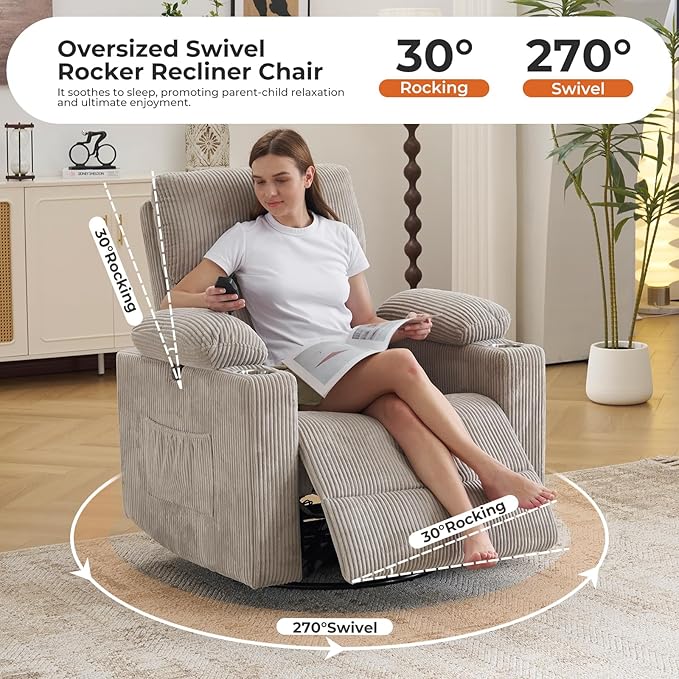 Oversized Power Recliner Chair Swivel Glider with Massage and Heat, Swivel Rocker Recliner with Adjustable Armrests, 26" Wide Nursery Chair with Storage Ottoman, Rocker Nursery Recliner,Corduroy Grey