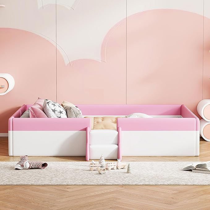 Twin Size Upholstered Daybed Frame with Fence and Stairs, Montessori Kids Floor Bed with Sturdy Slat Support for Kids Boys Girls