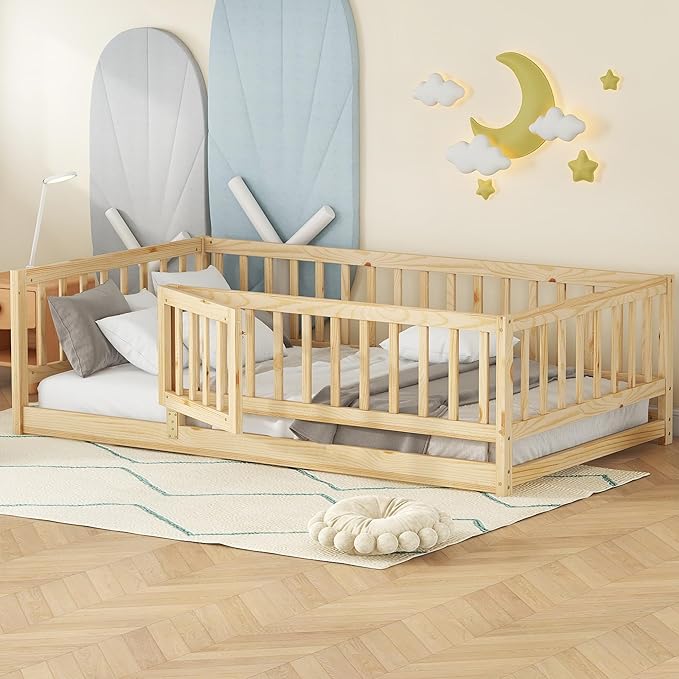 Twin Size Floor Bed Frame with Door and Slats,Montessori Floor Bed with Safety Guardrails for Girls Boys,Solid Wood Kids Montessori Bed Twin Size,Natural
