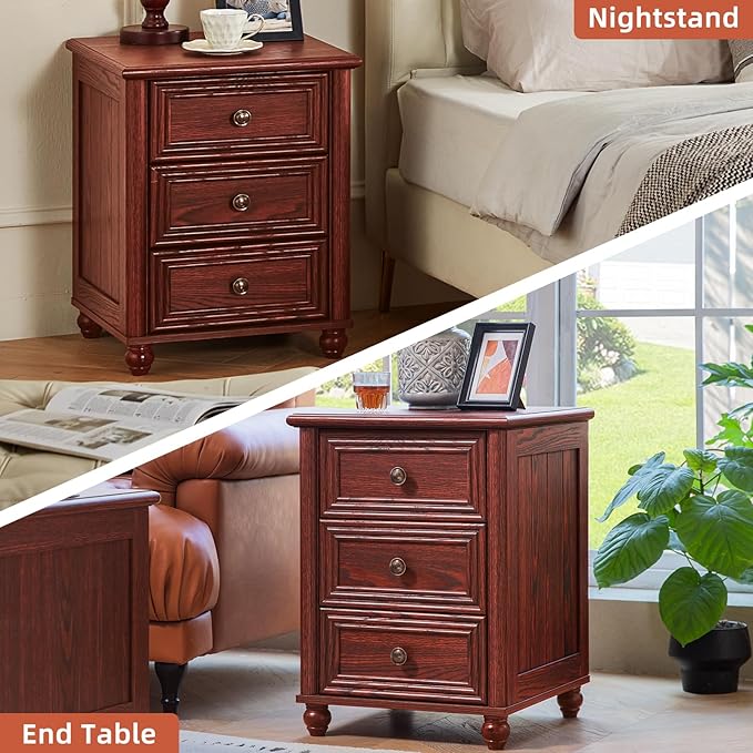 18" Farmhouse Night Stand Set of 2, Red Oak Wood Nightstand with 3 Drawers, Bedside End Table with Storage and Roman Column, Bed Side Tables Cabinet for Bedroom, Living Room, and Closet