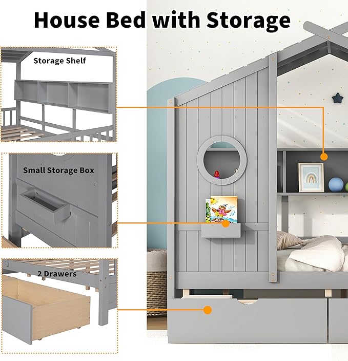 Linique Wooden Full Size House Bed with 2 Drawers and Storage Shelf,Full Platform Bed Frame with Pitched Roof,Gray