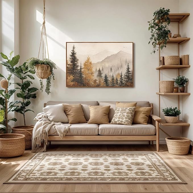 OIQArtOIQ Vintage Framed Wall Art Autumn Mountain Landscape Canvas Art Prints Fall Forest Rustic Farmhouse Pictures Wall Decor Modern Cottagecore Paintings Artwork For Bedroom Bathroom Living Room