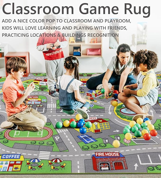 Kids Rug 6'6" x 9'8" City Life Playmat Area Rug Car City Map Washable Traffic Road Educational Learning Nursery Rug Carpet for Children Playroom Living Room Bedroom Classroom Decor Green