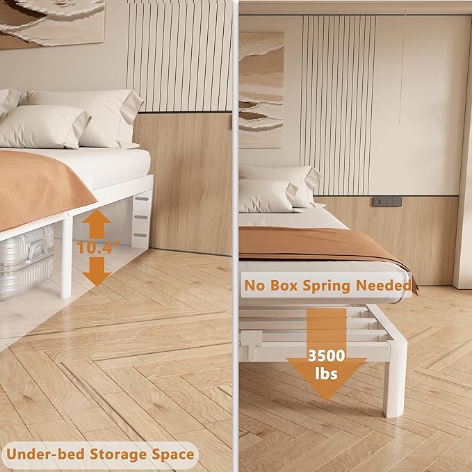 12 Inch Full Bed Frame, Platform Bed Frames with Metal Gaskets, Anti-Slip Mattress Stopper, No Box Spring Needed, Heavy Duty Steel Slat Support, Round Corner Leg, Easy Assembly, White