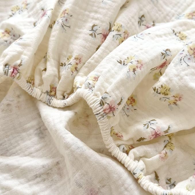 BuLuTu Muslin Floral Print Crib Sheets 2 Pack, Soft Breathable 100% Cotton Neutral Fitted Sheets Set for Standard Crib Mattress & Toddler Mattress 52"x28", Camellia & Azalea