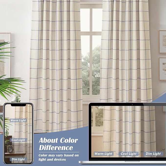 DriftAway 2 Panels 100% Blackout Windowpane Plaid Linen Curtains Double Layer Drapes for Bedroom 102 Inches Long Farmhouse Thermal Insulated 3.25 Inch Rod Pocket Back Tab for Living Room Navy