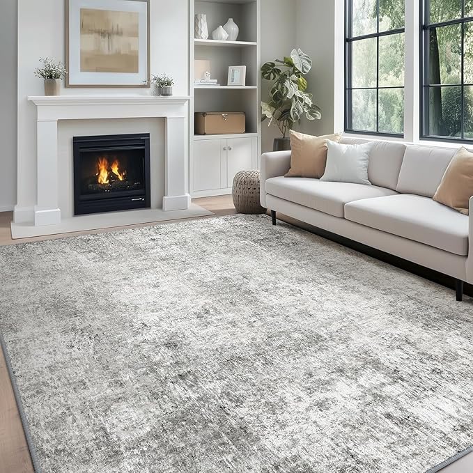 Washable Area Rugs 7'x9' Non-Slip Modern Abstract Soft for Living Room Entryway Bedroom Nursery, Print Pattern, Gray White Grey