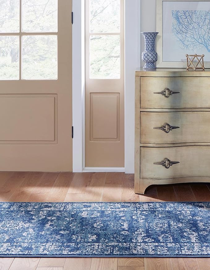 Rugs.com Charleston Collection Rug – 10 Ft Runner Navy Blue Low-Pile Rug Perfect for Hallways, Entryways