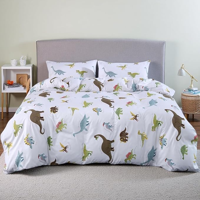 MAG 3Pcs White Dinosaur Duvet Cover,Colorful Dinosaur Bedding Twin,for KidsToddler,Teens Boys and Girls,Soft Microfiber,Twin Size.(No Comforter).