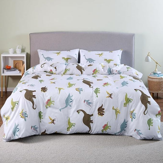 MAG 3Pcs White Dinosaur Duvet Cover,Colorful Dinosaur Bedding Twin,for KidsToddler,Teens Boys and Girls,Soft Microfiber,Twin Size.(No Comforter).