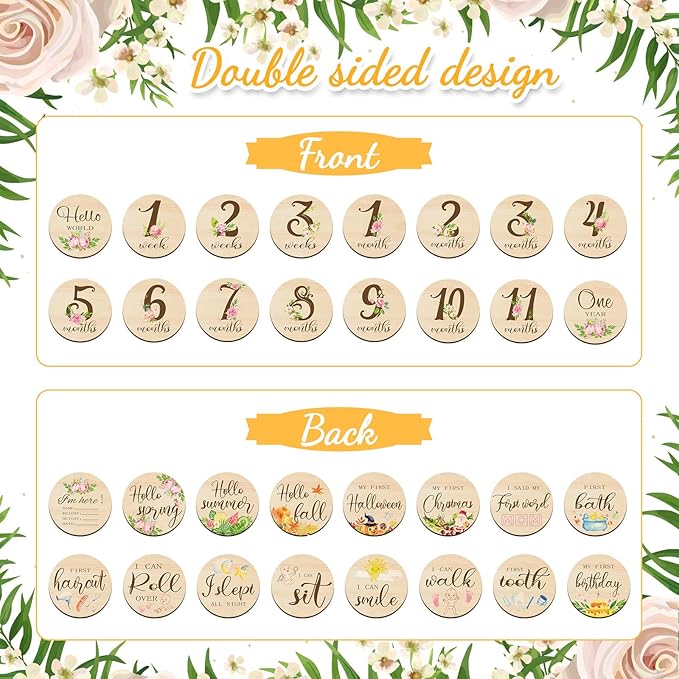 Tiamon 16 Pieces Wooden Baby Monthly Milestone Cards Monthly Milestone Marker Discs Double Sided Wooden Circles Months Signs for Baby Shower Newborn Photo Props(Flower)