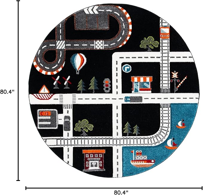 SAFAVIEH Carousel Kids Collection Area Rug - 6'7" Round, Black & Ivory, Non-Shedding & Easy Care, Ideal for High Traffic Areas for Boys & Girls in Playroom, Nursery, Bedroom (CRK192Z)