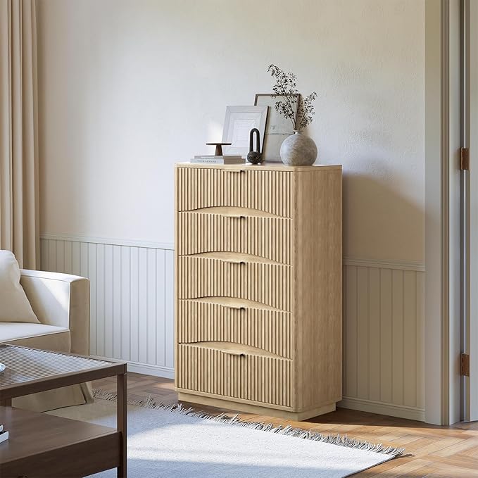 Evermagin Fluted 5 Drawers Dresser, 47" Tall Wooden Dressers Storage Organizer,Modern Chest of Drawers for Bedroom with Deep Storage, Living Room,Entryway, Natural Oak
