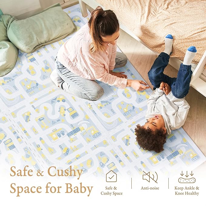 PopsyKosy Premium Baby Floor Play Mat - Thick & Cushioned 0.5 inch Playroom Foam Mat, Non-Toxic Odorless - 6 Tiles - Spacious 6x4 ft. - Stylish, Large, Waterproof for Kids & Toddlers -Pastel Blue Gray