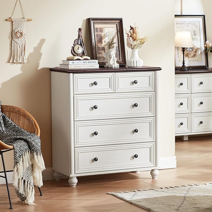 Farmhouse 5 Drawer Dresser for Bedroom Set of 2, 35.5" Tall Small Dressers & Chest of Drawers, Rustic Wood Dresser with Roman Column, Storage Organizer for Living Room, Hallway, Closet (White)