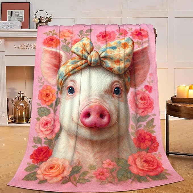 Pink Pig Blanket Cute Pig Throw Blanket Soft Cozy Fleece Fuzzy Stuffed Plush Flannel Animal Gifts for Girls Women Boys Kids Adults 60"X80"