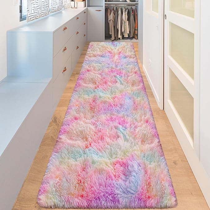 Shaggy Unicorn Rugs for Girls Bedroom Colorful Rainbow Rug for Girls Room 2x8 Runner Rugs for Hallway Living Room Long Plush Fluffy Rug Non Slip Fuzzy Carpet for Kids Room Kawaii Decor
