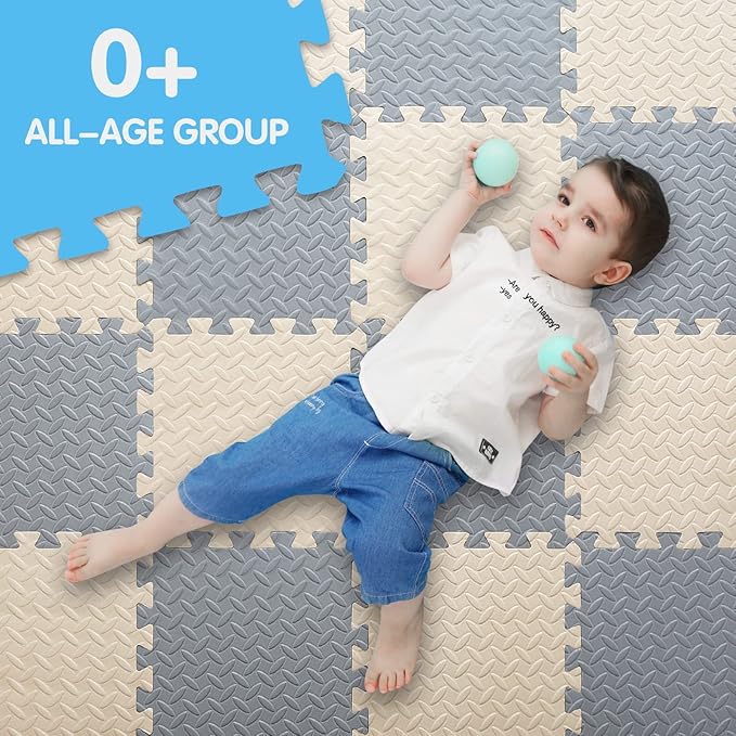 16 Tiles Foam Play Mat for Baby, Soft & Safe EVA Foam Mats for Floor, Square Baby Play Mat, Solid Colored Kids Foam Puzzle Floor Mat, 47x47 Play Mat for Playpen(Beige/Gray)