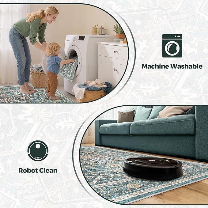 WITSHOCK Teal 10x14 Large Living Room Rugs: Washable Modern Vintage Boho Soft Low Pile Stain Resistant Foldable Carpet for Bedroom Playroom Dining Room Office, Distressed Farmhouse Floral Home Decor