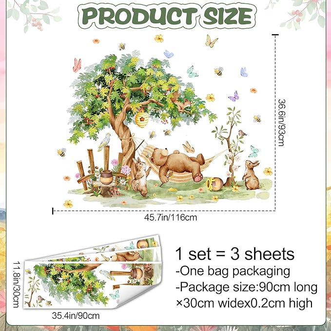 Amaonm Large Whimsical Tree Wall Decal with Woodland Animals, Birds, and Butterflies, Watercolor Green Tree Wall Sticker Decor for Girls Kids Bedroom Living Room Nursery Decoration (C)