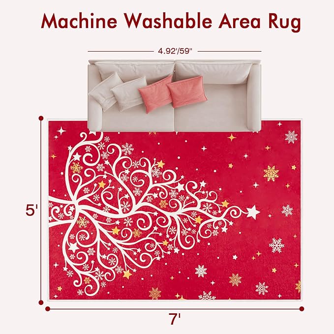 5x7 Machine Washable Christmas Area Rug, Non-Slip Floor Rugs for Kids, Low Pile Room Carpet for Living Room, Bedroom, Dining Room & Nursery(5x7 Christmas Tree)