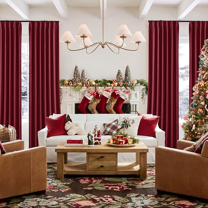 IVAPUPU Linen Pinch Pleated Blackout Curtains for Bedroom - Full Black Out Red Curtains 95 Inch Long 2 Panel for Living Room Darkening Thermal Window Curtain Drapes for Christmas Decor