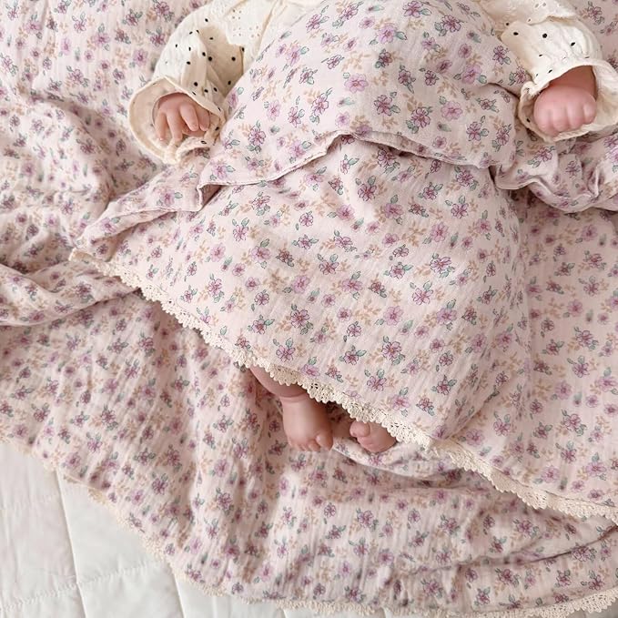 BuLuTu Purple Floral Print Toddler Blanket Quilted 100% Cotton Muslin Lightweight Kids Comforter Soft Bed Blankets for Girls Toddler Crib Quilt, All Seasons Blankets, 47x59 Inches