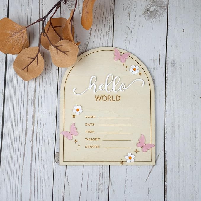 Baby Announcement Sign 6.5 Inch Wooden Hello World Newborn Welcome Sign Birth Name Plaques for Photo Props Shower Hospital Nursery (Butterfly)