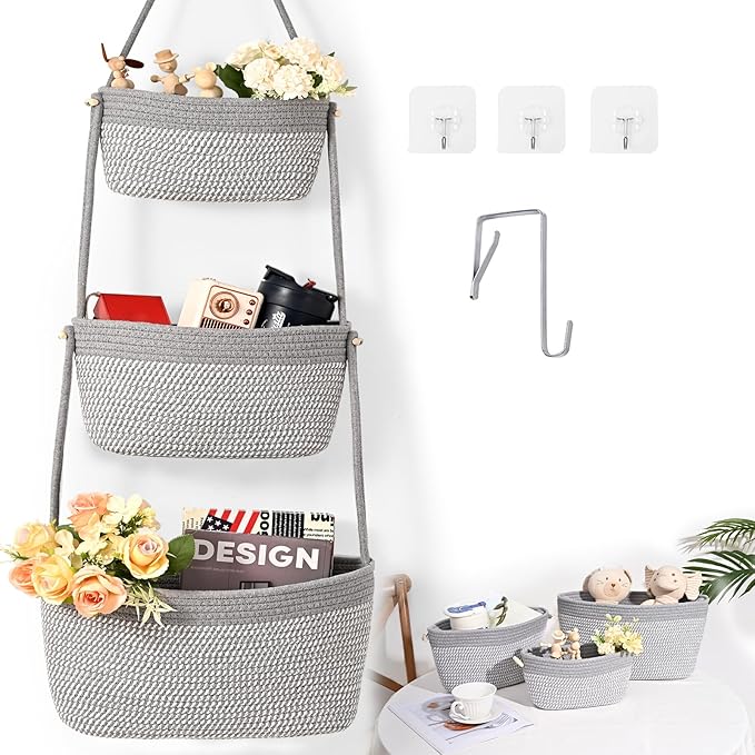 Hanging Storage Baskets, 3-Tier Over the Door Basket, Cotton Wall Baskets Storage, Detachable Hanging Door Basket with 4 Hooks, Over the Door Organizer Nursery for Bedroom, Living Room, Bathroom Wall