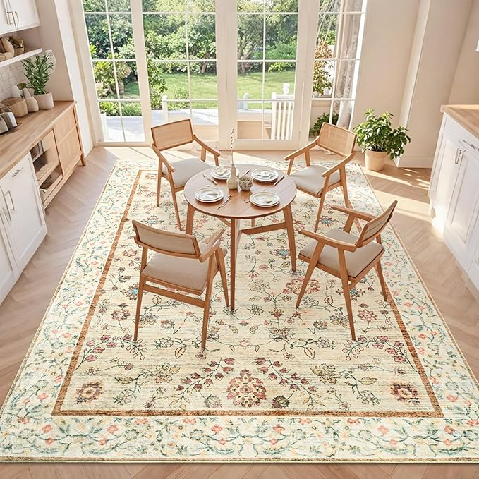 8x10 Rugs for Living Room, Beige Washable Floral Area Rug for Bedroom, Soft Non Slip Indoor Low Pile Carpet for Kitchen Dining Room, Large Boho Throw Carpets for Kids Nursery Office Dorm Home Decor