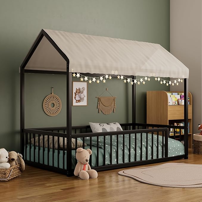Twin Size Metal Floor Bed Frame,House Shaped Bed with Fence for Kids and Toddlers,Easy Assemble,No Slats,Black