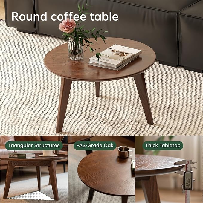 100% Solid Oak Wood Mini Coffee Table, Round Cofffe Tables Side Table w/Solid Wood Legs, Walnut Mid Century Table for Bedroom Balcony Living Room (23.62" D x 13.78" H)