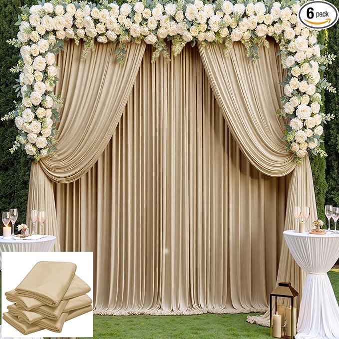 30×14 ft Wrinkle Free Beige Backdrop Curtain for Weddings Parties, 6 Panels 5×14ft Long Silky Polyester Photo Backdrop Drapes for Birthday Baby Shower Photography Background Cloth