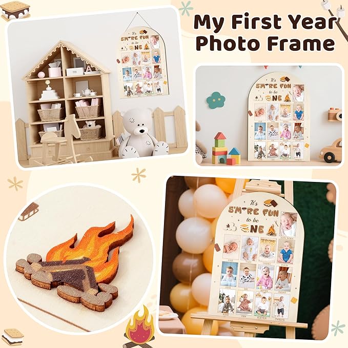 R HORSE My First Year Photo Display Wood Board - 3D S'mores Baby's First Year Picture Frame, 12 Months Camping Campfire Milestone Board Baby Keepsake Gift 1st Birthday Nursery Decor for Boy Girl