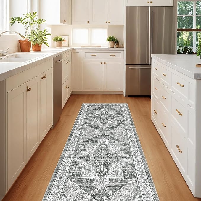 WITSHOCK Boho Area Rugs Machine Washable for Living Room Bedroom, 2x6 Vintage Non-Slip Stain Resistant Floor Carpet Indoor for Bedroom Kitchen Entryway Bathroom, Gray