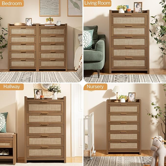 SICOTAS Dresser for Bedroom Chest of Drawers 46" Tall Dresser for Closet with 5 Rattan Drawers Boho Nightstands Set of 3 Large Clothes Storage Cabinet TV Stand for Living Room Hallway Nursery Entryway