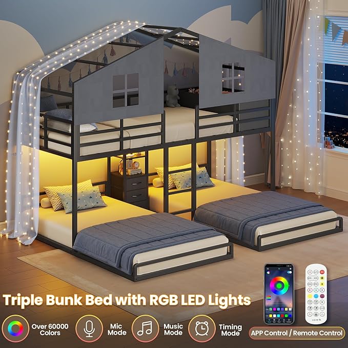 BTHFST Triple Bunk Bed Twin Size with House, 4 Storage Drawers, Charging Station and LED Lights, Metal Kids Bunk Bed with 13.4" H Safety Guardrail and Play Curtain, DIY House Shaped Bed, Black