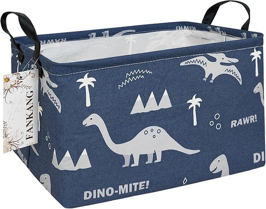 FANKANG Storage Bins, Nursery Hamper Canvas Laundry Basket Foldable with Waterproof PE Coating Large Storage Baskets for Kids Boys and Girls, Office, Bedroom, Clothes,Toys(Rec-Blue dinosaur）